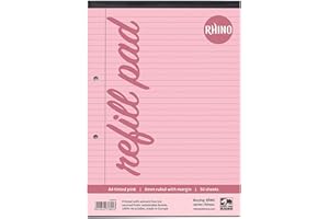 RHINO A4 Refill Pad, Writing Pad, 100-Page / 8mm Lined with Margin, 1-Pack, Pink Lined Writing Paper for Dyslexia & SEN, Office & School Stationery Supplies