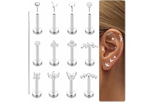 LOLIAS 16G/20G Labret Piercing Jewellery Surgical Steel Internally Threadless Tragus Stud Earrings CZ Silver/Gold Flat Back Earrings Lip Bar Tragus Helix Cartilage Conch Nose Piercing Jewellery 6MM