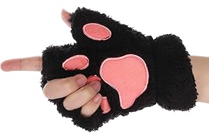 XINCHI Guantes de invierno para mujer pata de gato de felpa caliente guantes de cosplay medio dedo guantes lindos novedad osos garra mitones térmicos para Halloween cosplay fiesta disfraz, Negro , Talla