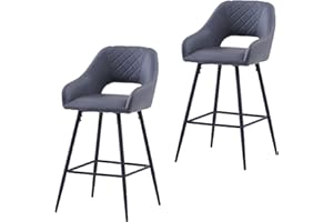 AINPECCA Bar Stools Set of 2 Grey Faux Leather Barstools Breakfast Bar Stools with Arms Backs Workshop Kitchen Barstool Upholstered Seat Metal Footrest for Home Bar, Counter, Kitchen and Islands