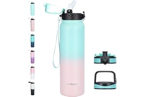 GOPPUS Butelka na wodę ze stali nierdzewnej o pojemności 1 l ze słomką, izolowana próżniowo butelka na wodę, 3 pokrywki (pokrywka słomkowa, pokrywka z karabińczykiem) i filtr butelka na wodę wielokrotnego użytku utrzymuje ciepło i zimno (zielono-różowa)