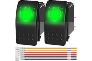 MKBKLLJY 2Pcs Marine Rocker Switch 12V Lighted Rocker Toggle Switch Green LED Light Illuminated 3Pin SPST 2Position ON/Off Waterproof with Locked Terminal Wires for Boat UTV RZR ATV Car Automotive
