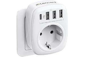 ‎LENCENT LENCENT Wtyczki Thief, ładowarka ścienna USB z 1 gniazdkiem sieciowym (2-stykowe europejskie Schuko) + 1 port typu C + 3 porty USB, adapter wtyczki USB do tabletu smartfona [4000 W]