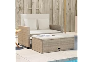 Amorsee Sofá de jardín de 2 Plazas con Reposapiés de Almacenaje, Sofa Jardin Terraza, Sofas De Terraza, Muebles Jardin Exterior con Respaldo Inclinable y Cojines, Beige