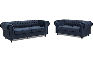 Home Detail Velvet Fabric 2 or 3 Seat Sofa Modern Chesterfield Upholstered Settee Set (2 & 3 Seat Sofa Set, Midnight Blue)