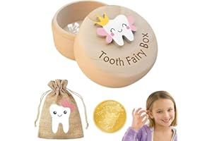 FeiFanChoice Tooth Fairy Box, 3Pcs Set Tooth Boxes with Tooth Fairy Bag and Gold Foil Reward Coin for Girl, Beautiful Carved Wooden Tooth Keepsake for Storing Baby's Dropped Birthday Gifts