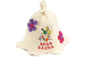 ‎NATURAL TEXTILE Naturtextil Naturtextil-SaunahutMiss Sauna Flower weiß – 100 Bio-Wollfilzhüte für die russische Banya – Schützen Sie Ihren Kopf vor Hitze – Englischer Sauna-eBook-Guide inklusive – mit Stickerei