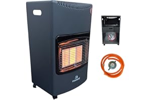 NOVOSTYL NEW Large Portable Gas Heater 4.2kW, Mobile Indoor Electric Ignition, Butane with Wheels, Energy Efficient, Low Running Cost and Regulator & Hose