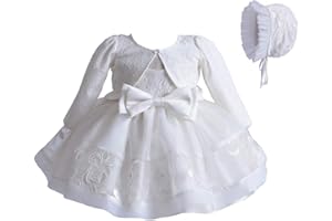 Carolilly Robe Baptême Bébé Fille en Dentelle Costume Cérémonie de 3 Pièces Boléro à Manches Longues + Robe Blanche Princesse + Bonnet
