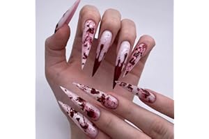 GlamRays 24 Pièces Stiletto Ongles Pression Longs Amande Faux Ongles avec Design Sang Rouge, Couverture Complète, Pression, Ongles Acryliques Artificiels, Faux Ongles Autocollants