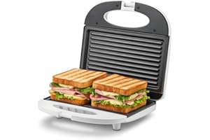 Girmi TS03 Tostiera, 750 W, Piastre antiaderenti, Manico termoresistente con chiusura, Spia di accensione e temperatura, Bianco