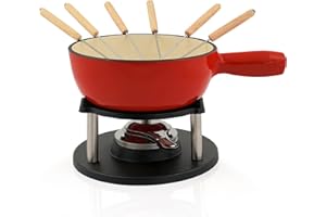 BBQ-Toro Gusseisen Fondue Set für 6 Personen | 2 Liter | Fondueset 9 teilig mit Brenner und Gabeln | Fondue-Set, Käsefondue Set, Fleischfondue Set, Schokofondue Set (rot/Creme emailliert)