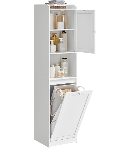 Armoire Salle De Bain BDW 174x31x30 Cm - Avec Panier à Linge, Blanc Brillant, Ouverture Adjustable
