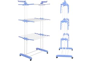 HOFLERA Airer Clothes Drying Rack,4-Tier Foldable Clothes Hanger Adjustable Large Stainless Steel Garment Laundry Racks for Indoor Outdoor