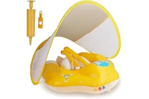 MONODEAL Salvagente Neonato 6-36 Mesi, Salvagente Neonato con Parasole Salvagente per bambini, Salvagente Gonfiabile per Piscina Regolabile Doppio Airbag Anello Rosa