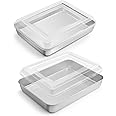 Toaster Oven Baking Pan with Lid, E-far 10.4”x 8”x 2” Stainless Steel Rectangle Sheet Cake Pans with Covers, Small Bakeware for Cakes Brownies Casseroles, Non-toxic & Dishwasher Safe -Set of 2
