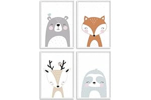 HappyArts® | Kinderzimmer Bilder A4 Poster 4er Set Deko Mädchen Junge Babyzimmer | Skandinavische Tiere Fuchs Bär Reh Faultier OHNE RAHMEN