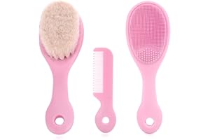 Mocarheri Juego de 3 cepillos y peine para el pelo de bebé para recién nacidos y niños pequeños, cepillo de pelo de cerdas de cabra suaves, cepillo de baño de silicona y peine de bebé para bebés,