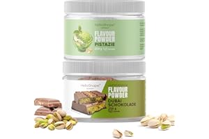 ‎HELLOSHAPE Hello Shape Flavour Powder 2x 250g Pistazie & Dubai Chocolate: Geschmackspulver fast ohne Kalorien – vegan, ballaststoffreich, mit Laktase, vielseitiges Flavour Pulver Lebensmittelaroma