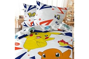 DELLIOP Pokemon 3-częściowy zestaw pościeli Pokemon z zamkiem błyskawicznym | Zestaw poszewek na kołdrę z nadrukiem 3D Ziggy 2 pasujące poszewki na poduszki 50 x 75 cm | Bawełna (biały, Twin