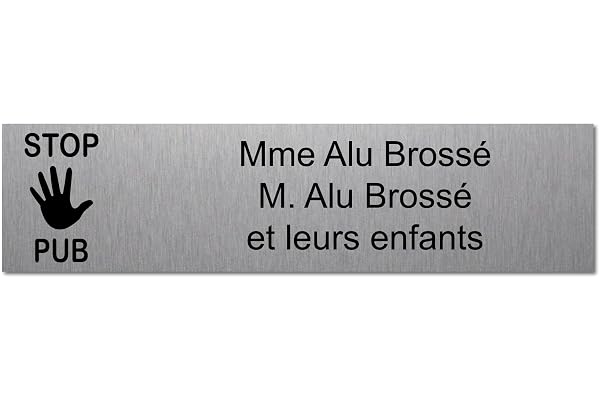 Plaque gravée pour nom boîte aux lettres STOP PUB autocollante 10x2,5cm personnalisée 1 à 3 lignes Alu Brossé