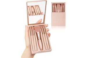 PGRODE Travel Size Makeup Brushes Set Travel Essentials for women, Portable Make Up Brush Kit Small Complete Function Cosmetic Brushes Set with Case and Mirror, 5PC(Apricot)