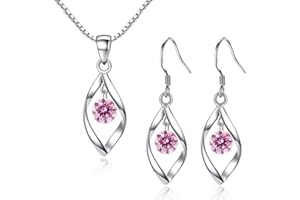 Zolkamery Silver Jewellery Set for Women, 925 Sterling Silver Women's Jewellery Sets with White/Blue/Pink Zirconia, Hypoallergenic Twist Pendant Necklace & Hook Dangle Earrings Set Gift with Gift box