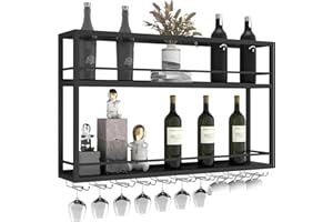 DSVONAUS Mensola per vino da parete industriale, supporto per bottiglie di vino multifunzione, Portabottiglie in legno e metallo a 2 ripiani, per casa, bar, sala da pranzo, cucina