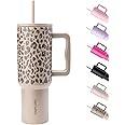 SIMPCORS 1.2L Tumbler with Straw and Handle, Insulated Cup Reusable Stainless Steel Water Bottle, Cold/Hot Travel Mug with Leak Resistant Lid for Home Office Camping (Cream Leopard)