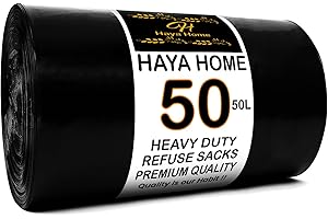 H HAYA HOME Haya Home 50L 50 Bin Bags Heavy Duty Bin Liners, Black Plastic Refuse Sacks large Garbage Waste Dustbin Bags for Kitchen Home Office DIY Garden from 100% Recycled Material