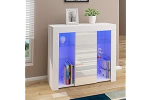 MCTIES Cabinet Cupboard Sideboard TV Unit Matt Body and High Gloss Doors + LED Light Display Cabinet Storage Unit for Living Room Bedroom (White)