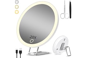 Suupvaor 20X Vergrößerungsspiegel mit Licht, 3 Farbe Modi Dimmen 20x mit Licht, 6inch wiederaufladbare beleuchtete vergrößerte Spiegel mit 3 Saugnäpfen & 360 ° Tisch Stand, mit Pinzette & Schere