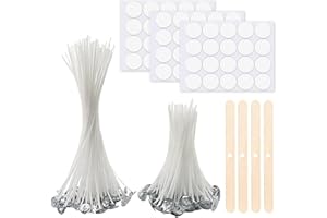 KERATOBLEEM 50 Pezzi Stoppini per Candele, Stoppini in Cotone per Candele da 10cm/20cm, Stoppino per Candele Naturali con Porta Stoppino in Legno e Adesivi per Stoppini Bifacciali, per Fare Candele