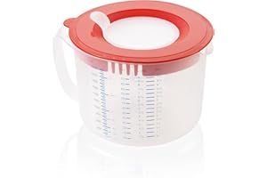 Leifheit Gobelet mesureur 3-en-1, Bol mixeur plastique avec protection anti éclaboussures, bec verseur et tamis, Broc mesureur avec couvercle