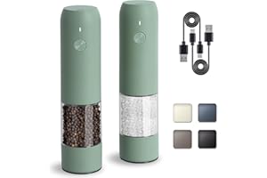 TLYSXPRO Juego de Molinillo Pimienta Eléctrico y Salero, Recargable por USB, Molinillo de Salero y Pimentero con Granulometría Ajustable, Salero y Pimentero Eléctrico, Luz LED (2 Piezas, Sage)