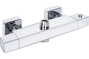 Ronvie Thermostatic Shower Mixer Bar - Two Outlet Wall-Mounted Brass Valve, 38°C Safety Lock & Cool Touch Surface with 3/4" G Top & 1/2" G Bottom BSP Connections, Chrome Finish (Square)