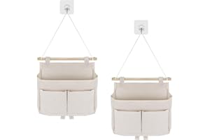 XoeLLe 2 Pcs Wall Hanging Storage Bags, Hanging Storage Organiser, Waterproof Hanging Shelves, Linen Cotton Bedside Storage, with 3 Pockets, for Bedroom, Bathroom, Kitchen Office (White)