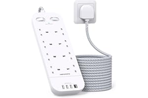 HANYCONY 3M Extension Lead with 4 USB Slots, 8 Way Outlets Power Strip with 1800J Surge Protection, Double Switch Plug Extension with 10FT Braided Extension Cable for Home, Dorm Room, Office Accessories