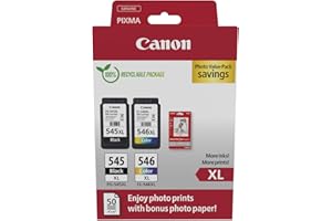 Canon PG-545 XL CL-546 XL VALUE Pack of 2 cartridges (Black XL Colour XL) + 50 sheets of 10x15cm Photo Paper Genuine (Recycled Cardboard Multipack)
