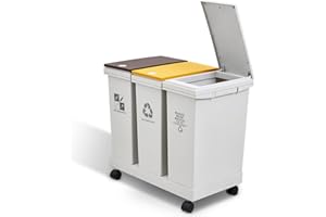 Warmiehomy Recycling Bins 60L Triple Compartmentst Bin Kitchen Trash Can with Lids Detachable Rubbish Bin with Wheels Press Dry Wet Separation Waste Bin for Living Room, Bathroom,57x34x52.5cm