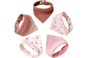 Satiskid 5er Pack Lätzchen Baby Musselin Dreieckstuch Halstuch Baby für Junge und Mädchen, Baumwolle Halstücher Verstellbare Super Weich und Absorbierend