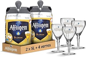 Affligem - Pack de 2 Fûts 5L + 4 Verres - Bière d'Abbaye Affligem Blonde 6,7° - Compatible Tireuse BeerTender, Utilisable sans Machine à Bière - Idée Cadeau