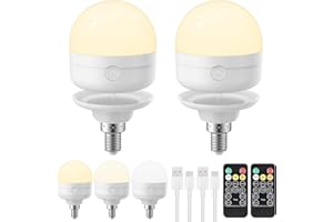 LGMCF Rechargeable Light Bulb, E14 Dimmable Light Bulb with Magnetic Base Detachable, 3 Color 6W Portable Battery Operated Bulbs with Remote Control & Timer for Non Hardwired Lamps, Emergency, 2 Pack