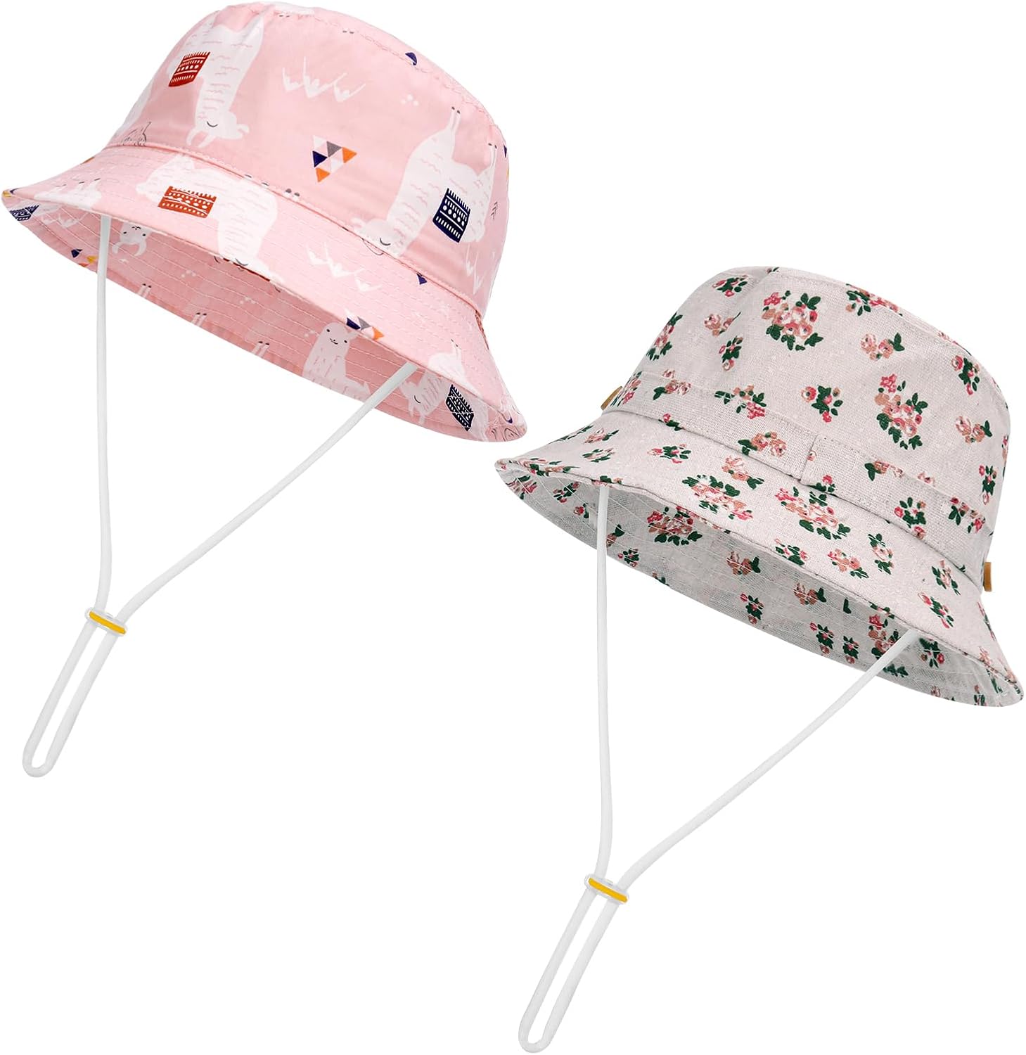 2 Pieces Toddler Sun Hat Kids Bucket Sun Hat Baby Cute Print Summer Hat with Adjustable Head Drawstring and Chin Strap Outdoor Kids Summer Protection Bucket Hats