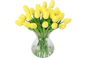 Nubry 30 Flores Artificiales de tulipán de Tacto Real, Ramo de Flores para arreglos de Boda, centros de Mesa, decoración del hogar (Amarillo)