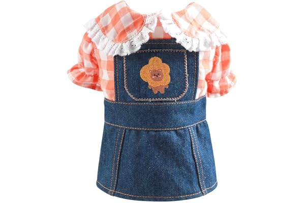 KUTKUT Dog Lace Collar Denim Dress with Button Decore, Small Dog Cat Female Checkered Shirt with Puff Sleeves for for Shihtzu, King Charles, Pug & Small Dogs(Size: XL, Chest: 50cm, Back Length: 40cm)