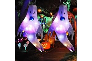 SUGFAY Sacchi a vento per Halloween, decorazione fantasma, 2 pezzi, bandiera fantasma di Halloween, con luci, Halloween, per esterni, decorazione per giardino, terrazza e giardino anteriore