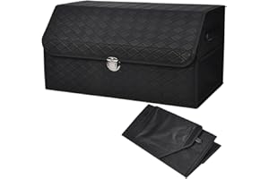 JSCARLIFE Multipurpose Collapsible Luxury Foldable Car Storage Box, Waterproof PU Car Boot Organiser Leather Storage Box Extra Large for Shopping Camping Picnic Home Garage (Updated-Black)