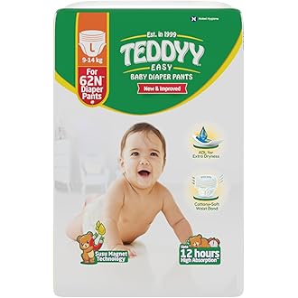TEDDYY Easy Baby L Size Diaper Pant Style | 62 Count (Large) | 9–14 kg (Pack of 1) | Long Protection Hours | Anti-Bacterial | Airy Breathable Fit | Ra