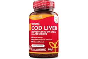 ‎NUTRAVITA Lebertran Kapseln 1000mg - 365 Fischöl Kapseln - Hochwertiges Fish Oil - Hochdosiert Cod Liver Oil + Omega 3, Vitaminen A, D & E - Unterstützt die Herz- und Gehirngesundheit - Nutravita